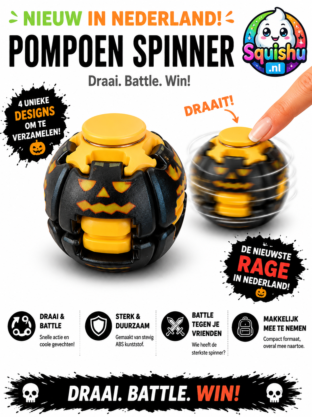 Spinner Ball Pompoen zwart/geel (halloween)