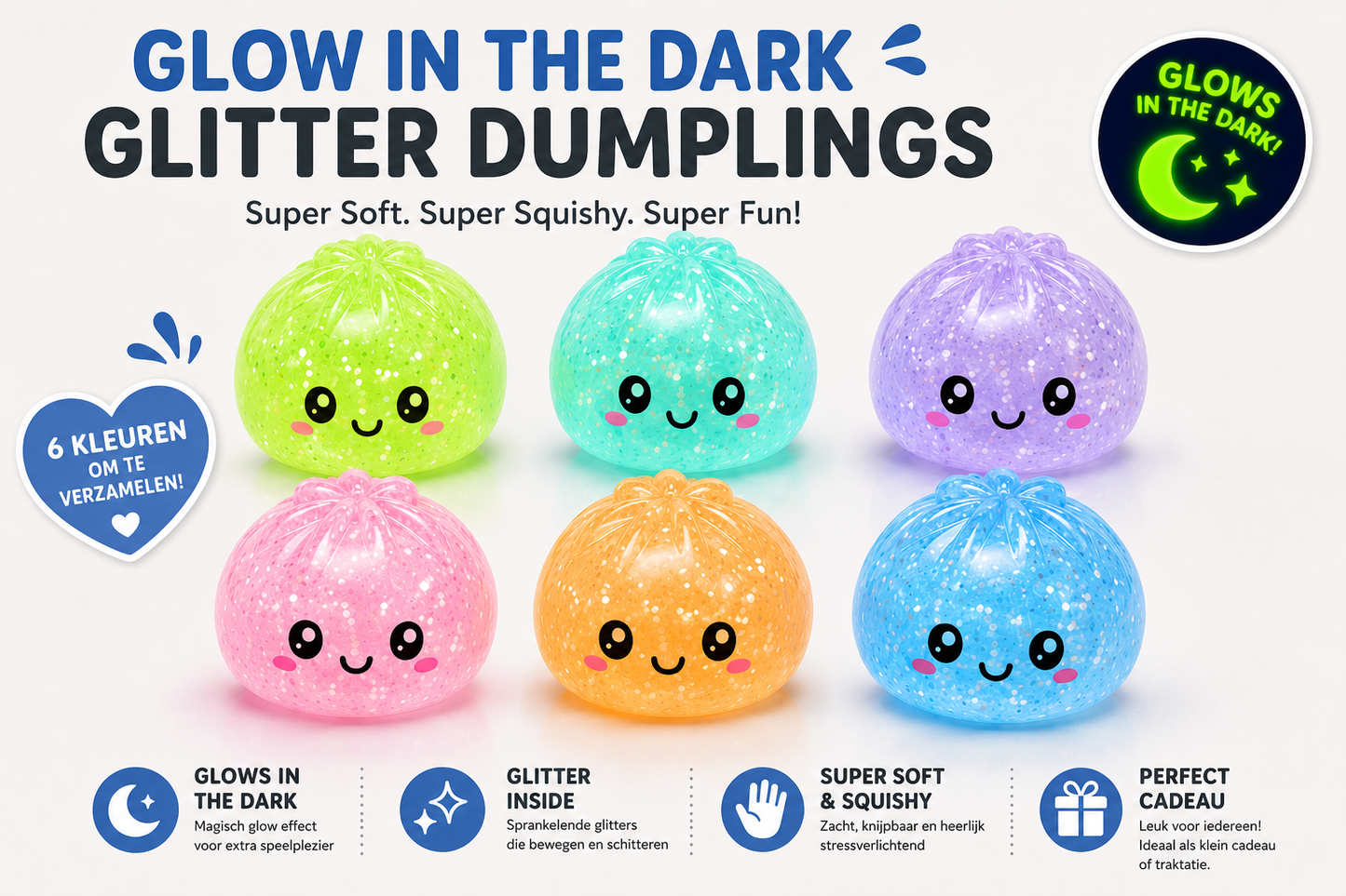 Squishy Dumpling de nieuwste Glow-In-The-Dark Glitter ca. 8,5 cm