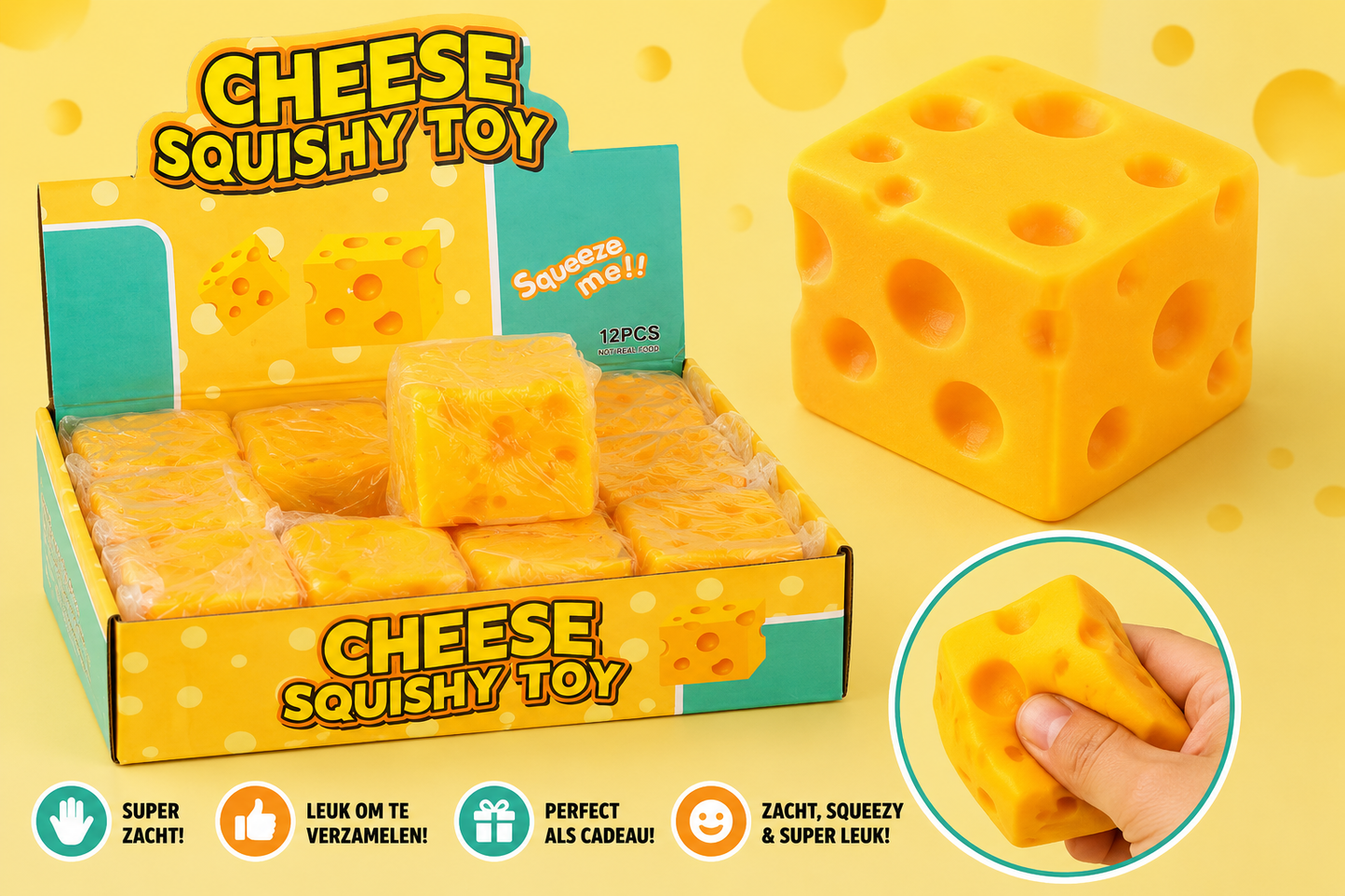 Cheese Squishy vierkant en punt Geel