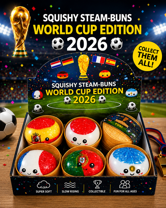 Squishy Steam-Buns – World Cup Edition 2026 ⚽🏆. Blind box ca. 8,5cm.
